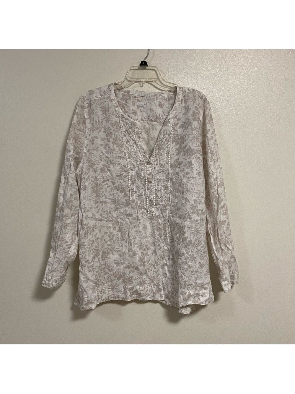J. Jill Shirt Women’s Size XL Cream Floral Print Linen Long Sleeve Blouse Shirt